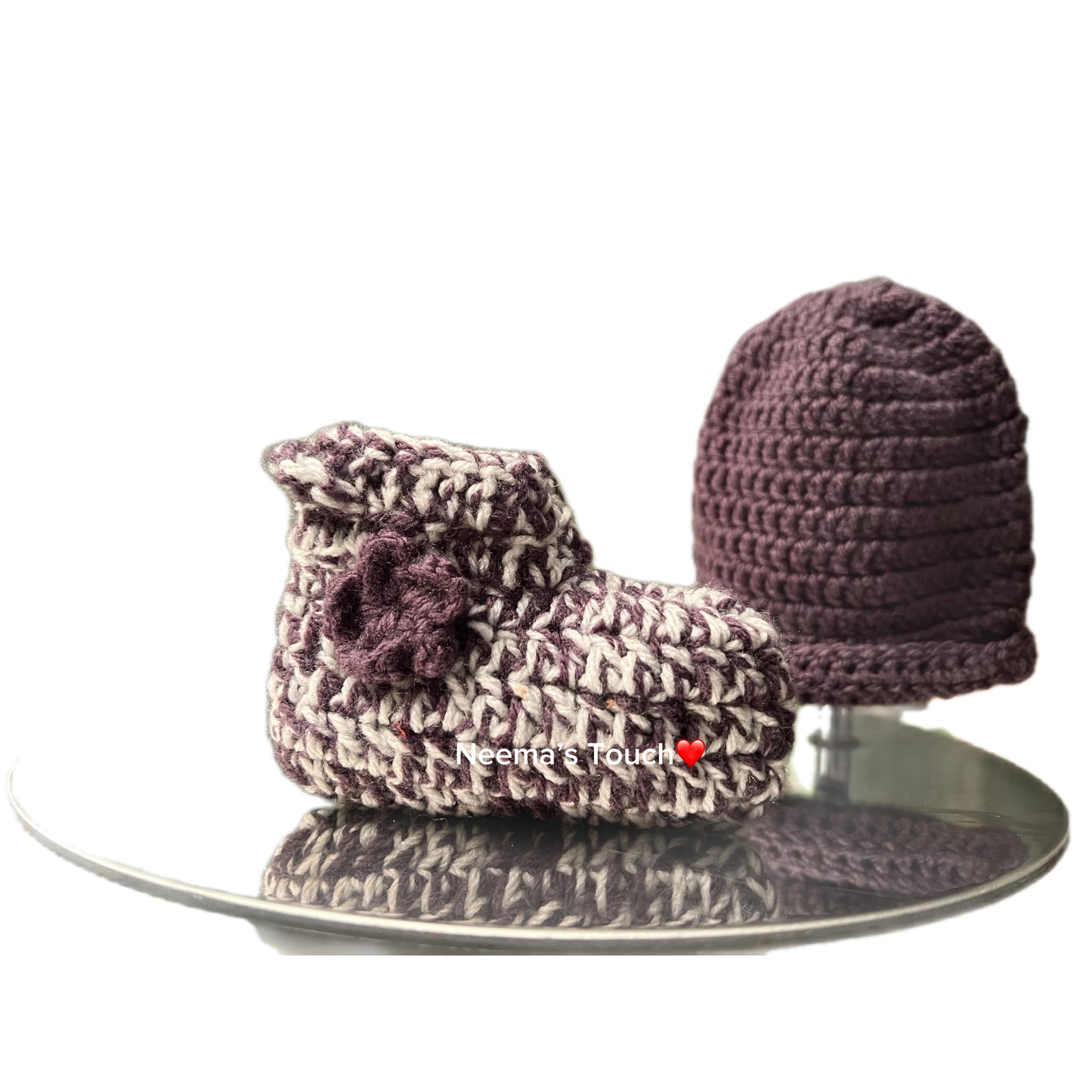 Handmade Dark Purple Hat and 2 Colour Boot Set