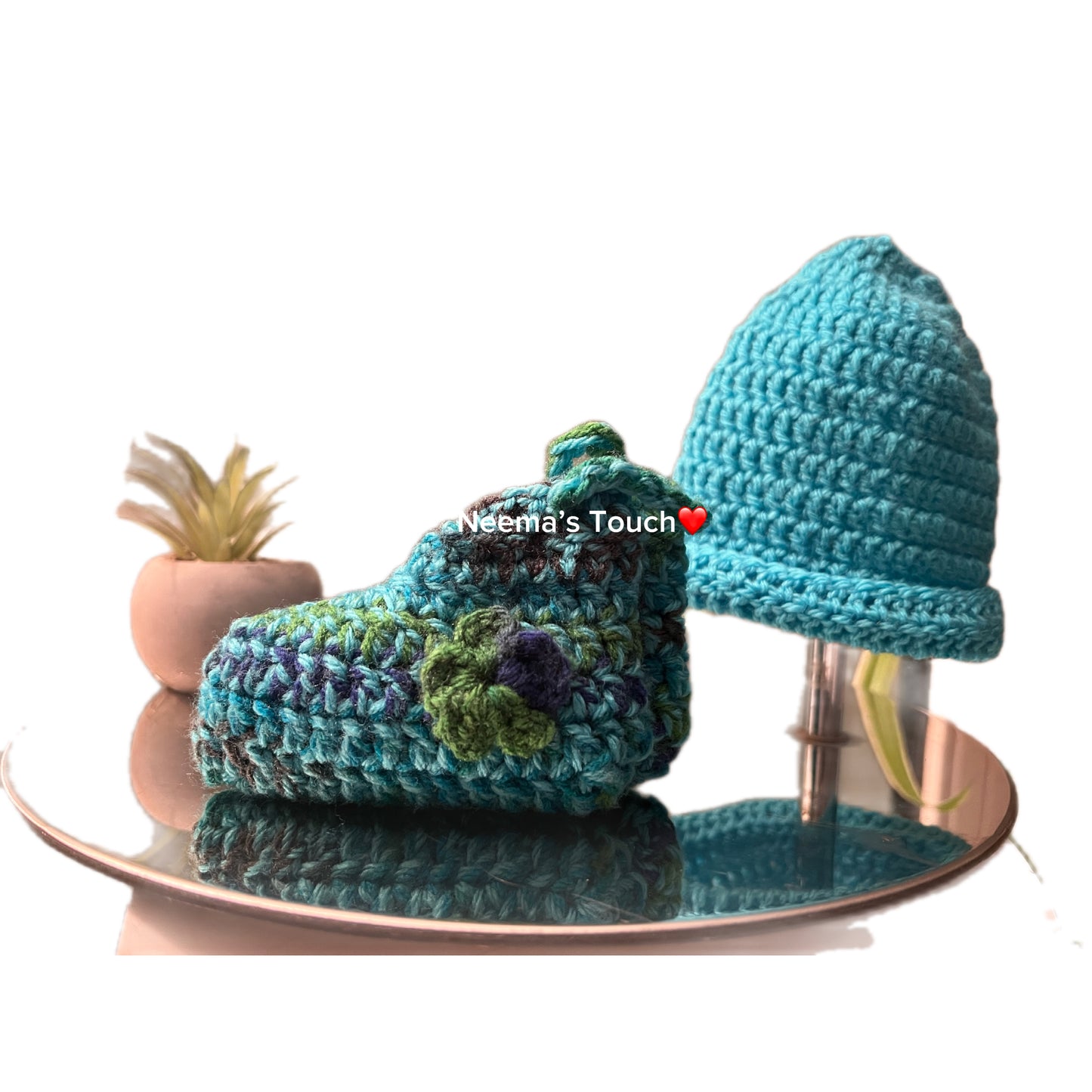 Baby Hat & Boot Set – Light Blue Hat, Multicolour Boots