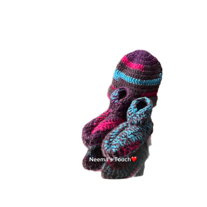 Handmade Multicolour Boot & Hat Set