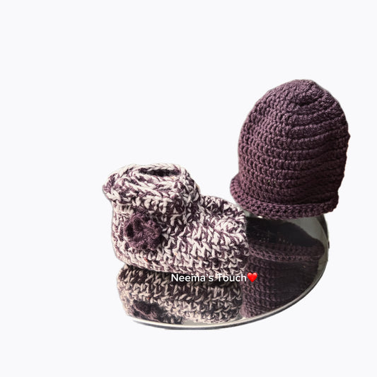 Handmade Dark Purple Hat and 2 Colour Boot Set